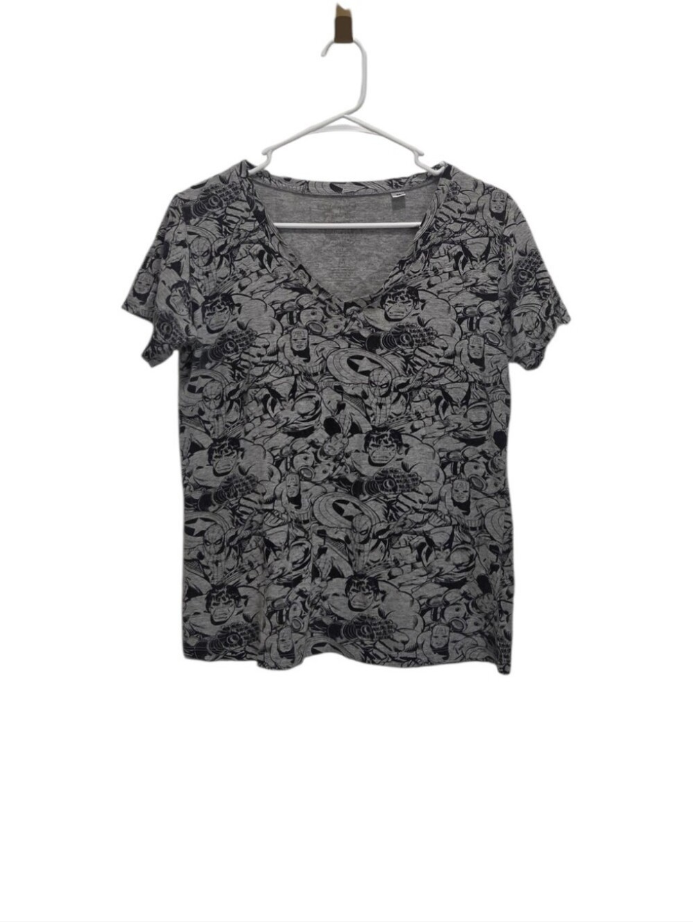 Mighty Fine Marvel Womens M Gray Comic Superhero All Over Print V Neck T Shirt